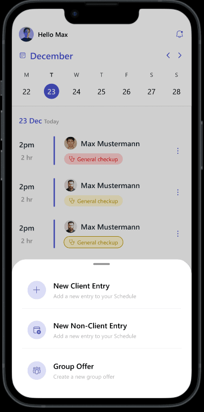 PowerCare Kalender — Terminübersicht und neue Einträge